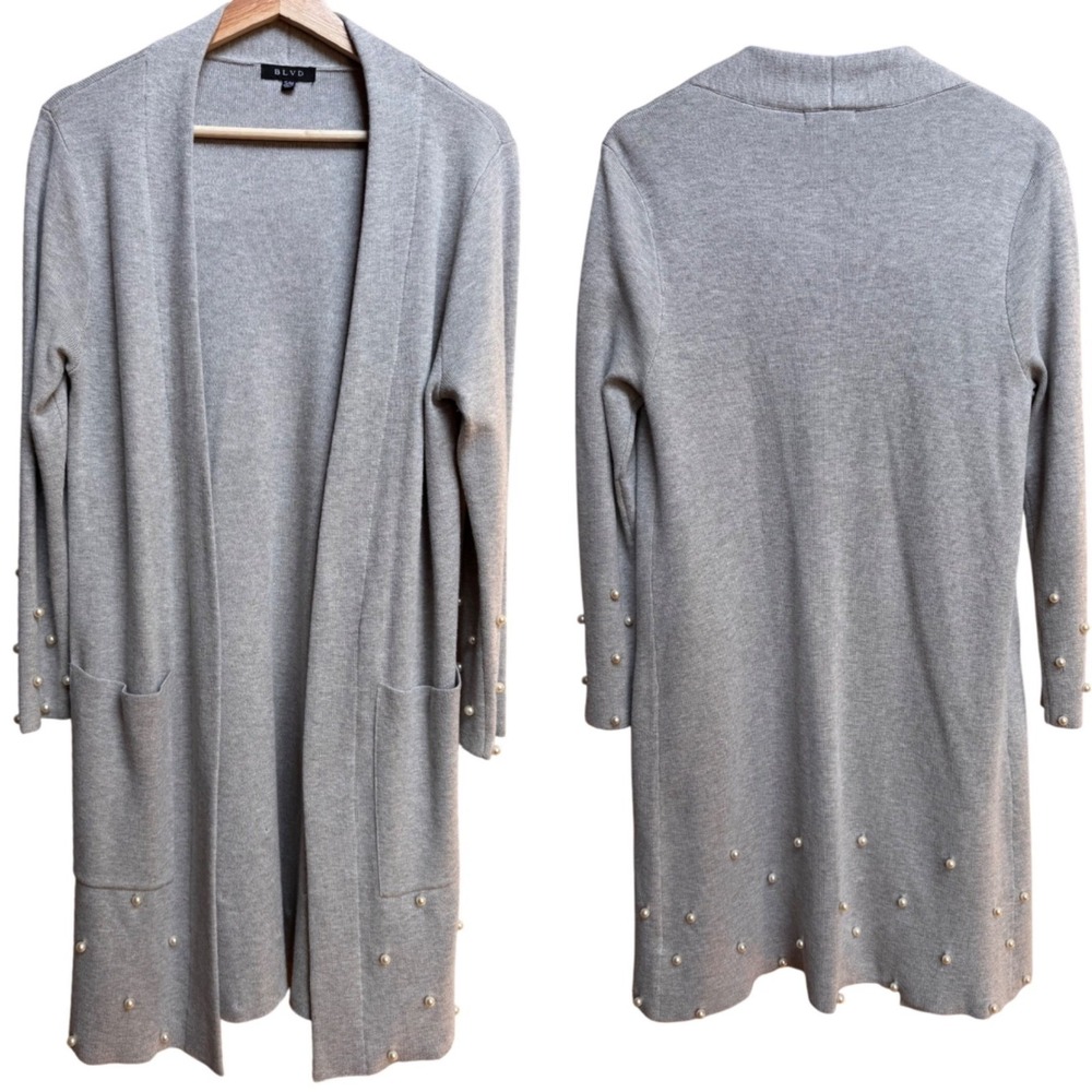 BLVD Womens Pearl Embellished Open Front Longline Cardigan Sz S/M Teacher Career